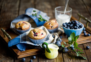 кексы, поднос, посуда, черника, Еда, салфетки, ягоды