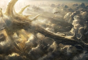 гигантский, Арт, облака, корабль, radojavor, в небе