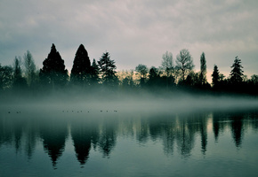 Раннее утро, дымка, небо, туман, деревья, рассвет, река