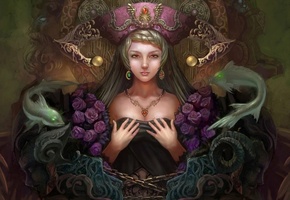 Арт, девушка, цепь, фэнтези, украшения, руки, yuxuan li, розы