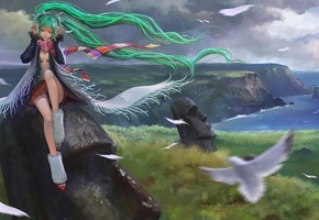 девушка, Vocaloid, остров, арт, пасхи, hatsune miku, teddy yang, камни
