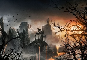 руины, admira wijaya, замок, Арт, скалы, лава, пейзаж, птицы