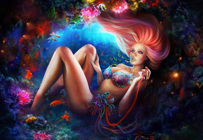 рыбки, коралл, Арт, рыбы, краб, 0mri, девушка, под водой