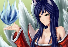 League of legends, магия, уши, рука, девушка, ahri