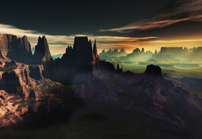 скалы, закат, lightdrop, туман, Арт, вид, облака, пейзаж