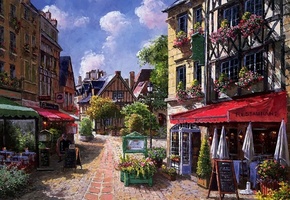 дома, навес, sung sam park, кафе, улица, Картина, цветы