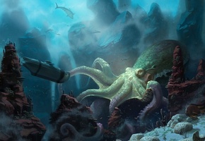 unidcolor, подлодка, осьминог, под водой, корабль, Арт