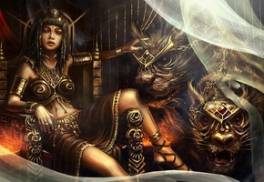 Арт, кошки, девушка, дикие, хищники, bryan sola, трон