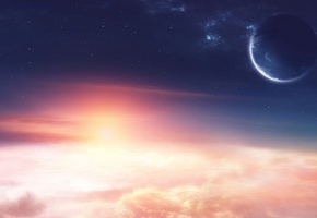 light, облака, звезды, space, свет, восход, stars, Планеты