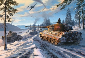 nicolas trudgian, Рисунок, небо, снег, зима, колонна, лес