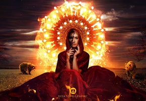 огонь, медведи, девушка, ореол, маска, креатив, Desktopography