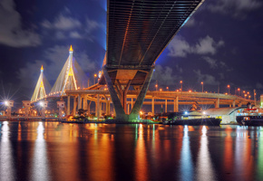 bangkok, Thailand, таиланд, мост, бангкок, ночь, огни, фонари