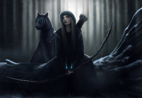 Арт, кошка, снег, лук, кровь, дерево, девушка, свет