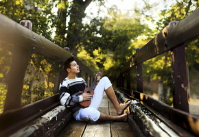 Гитара, мост, музыка, парень