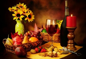 штопор, свеча, красное, орехи, бокал, клубника, Вино