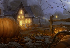 огород, тыква, дом, halloween, Арт, ночь, гость, хэллоуин