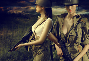 азиатки, форма, каски, War fy, автоматы