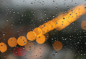 Стекло, дождь, огни, макро, капли