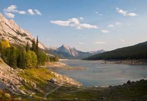 зелень, Озеро, тропинка, горы, ландшафт