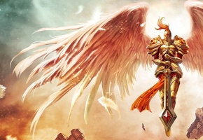 перья, камни, League of legends, броня, меч, kayle, крылья