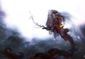 девушка, ночь, дерево, фонарь, крылья, луна, mingzhu yang, Арт