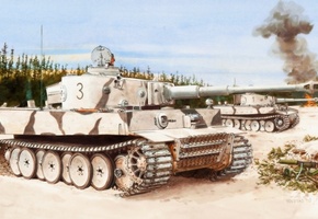 ron volstad, Рисунок, зима, тяжелый танк, тигр