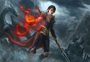 Арт, dragon age, девушка, hawke, маг, хоук, магия, битва, дракон