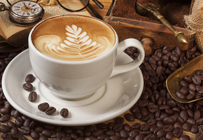 кофе, пена, Блюдце, лопаточка, зёрна, каппучино, чашка