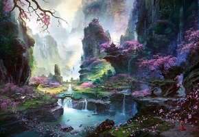 река, водопад, пейзаж, храм, Арт, сакура, деревья, азия