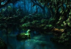 озеро, нимфа, лес, кочка, пруд, Арт, вода, девушка