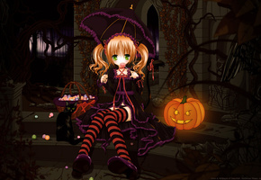 тыква, Арт, кошка, девочка, tinkerbell, леденец, зонтик, зонт