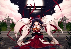 вода, ночь, Арт, touhou, пруд, cilou, hakurei reimu, девушка, луна