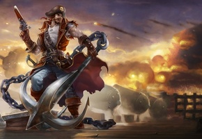якорь, пират, мужчина, оружие, корабль, League of legends, gangplank