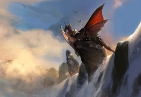 Арт, дракон, сидя, скала, водопад