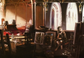 стол, сидит, босиком, свет, Девушка, стул, книги