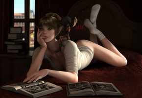 демон, Девушка, лежит, книги, постель, острые уши, поза