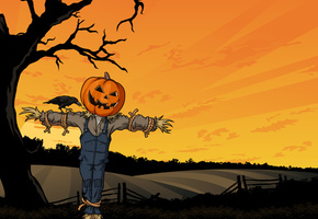 scarecrow, crow, fright, tree, creepy, field, horror, Halloween, pumpkin, хэллоуин
