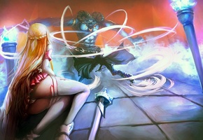 девушка, монстр, yuuki asuna, парень, sword art online, меч, Арт