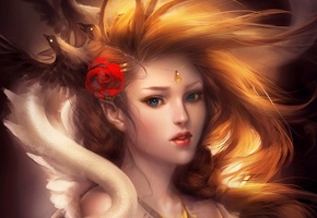 Арт, sakimichan, вороны, роза, коса, кулон, девушка, птицы