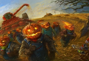 рабочие, хэллоуин, злаки, тыквы, поле, halloween, Арт, урожай