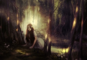 лес, цветы, свет, тень, Арт, девушка, водоем