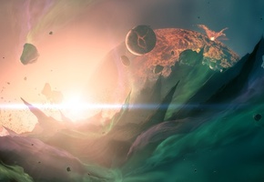 свет, огонь, звезда, планеты, трещины, лава, Космос