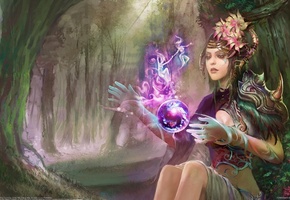лес, девушка, Huang dahong, арт, магия, фея