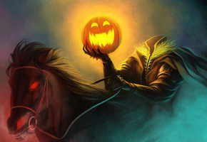 halloween, без головы, Арт, всадник, тыква, конь