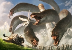 Арт, jason chan, башня, битва, монстр, люди, ангел, гидра