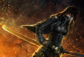 девушка, взгляд, Арт, искры, катана, огонь, дождь