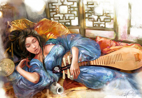 постель, vikiey, девушка, лютня, спит, Рисунок, веер, саке