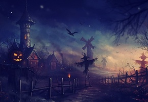 хеллоуин, halloween, Арт, ночь, мельницы, пугало