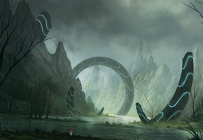 blinck, пейзаж, река, гигантское, Арт, горы, сооружение