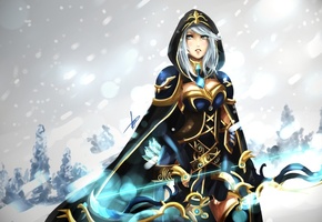 девушка, стрелы, зима, лук, Ashe, капюшон, снег, league of legends